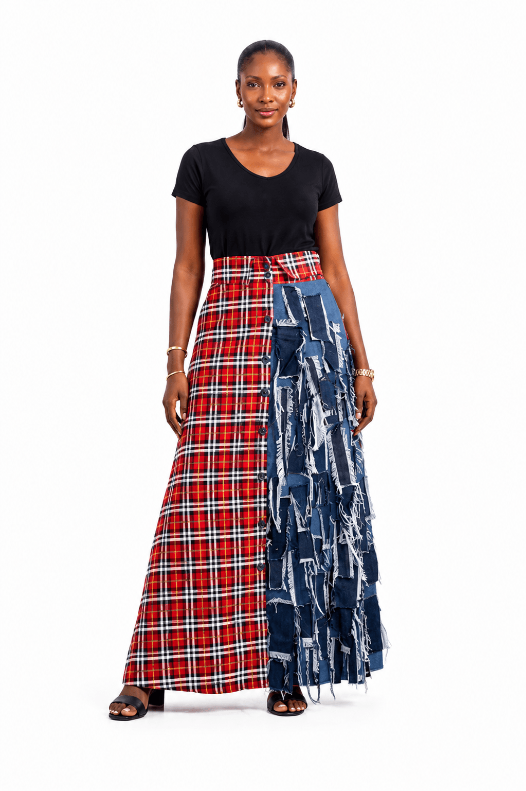 Tartan Denim Fringe Maxi Skirt